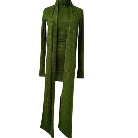 Alex Perry Fern Green Crystal Embellished Long-Sleeve Scarf-Neck Mini Dress - Picture 7 of 9